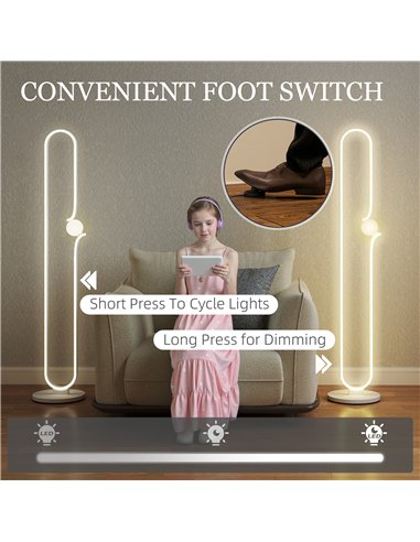 HOMCOM LED Floor Lamp, Dimmable Floor Standing Lamp with Glass Night Light, Foot Switch for Living Room, Bedroom, Office, White
