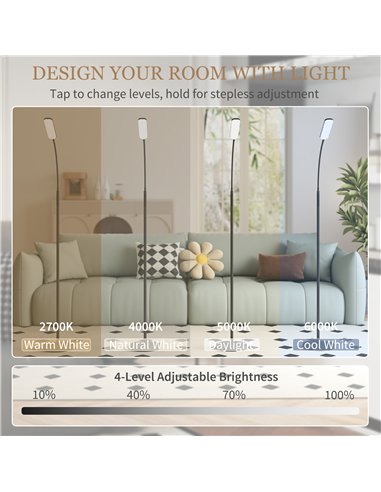 HOMCOM LED Floor Lamp, Standing Lamp with Remote & Touch Control, Stepless Dimmable Colours Temperature & Brightness, 360° Adjus