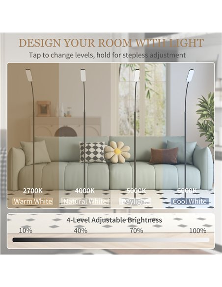 HOMCOM LED Floor Lamp, Standing Lamp with Remote & Touch Control, Stepless Dimmable Colours Temperature & Brightness, 360° Adjus - pic 162485 | FastDaddyshop