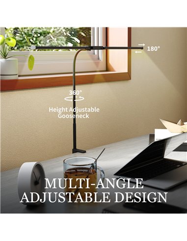 HOMCOM LED Desk Lamp with Clamp, Double Head Table Lamp with 3 Colour Modes & 10 Brightness Levels, Flexible Gooseneck Reading D