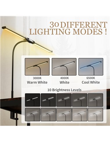 HOMCOM LED Desk Lamp with Clamp, Double Head Table Lamp with 3 Colour Modes & 10 Brightness Levels, Flexible Gooseneck Reading D