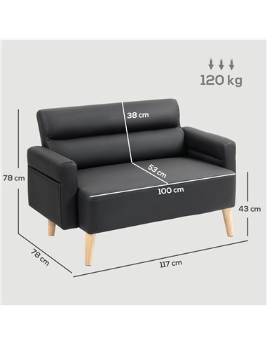 HOMCOM Small Faux Leather 2 Seater Sofa Settee - Black