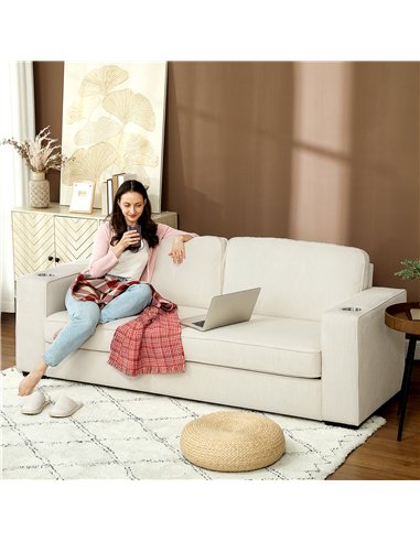 HOMCOM Three-Seater Corduroy Sofa - Cream White