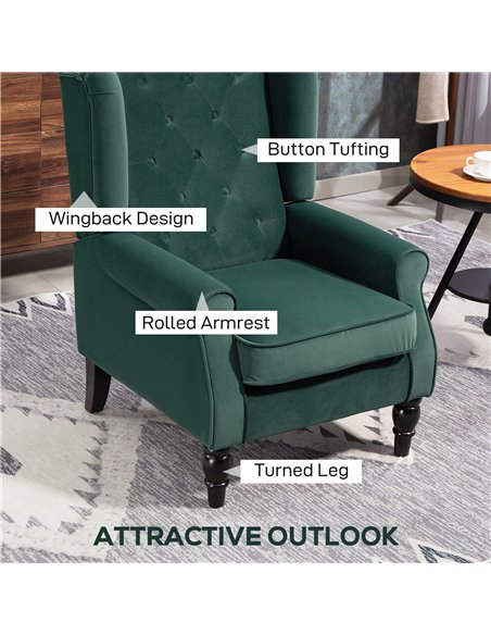 HOMCOM Wingback Accent Chair, Retro Upholstered Button Tufted Occasional Chair for Living Room and Bedroom, Green - pic 162582 | FastDaddyshop