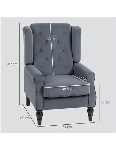 HOMCOM Wingback Accent Chair, Retro Upholstered Button Tufted Occasional Chair for Living Room and Bedroom, Grey