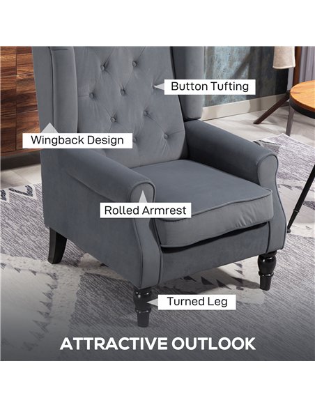 HOMCOM Wingback Accent Chair, Retro Upholstered Button Tufted Occasional Chair for Living Room and Bedroom, Grey - pic 162591 | FastDaddyshop