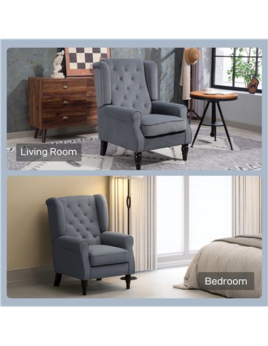 HOMCOM Wingback Accent Chair, Retro Upholstered Button Tufted Occasional Chair for Living Room and Bedroom, Grey
