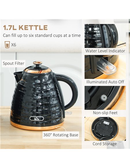 HOMCOM 3000W 1.7L Rapid Boil Kettle & 2 Slice Toaster, Kettle and Toaster Set with 7 Browning Controls and Crumb Tray, Black - pic 162609 | FastDaddyshop