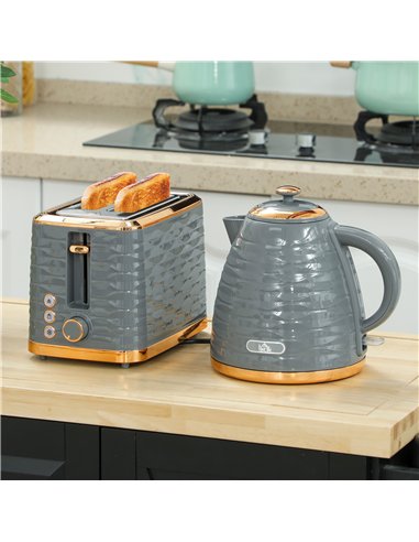 HOMCOM 3000W 1.7L Rapid Boil Kettle & 2 Slice Toaster, Kettle and Toaster Set with 7 Browning Controls and Crumb Tray, Grey
