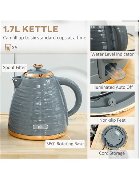 HOMCOM 3000W 1.7L Rapid Boil Kettle & 2 Slice Toaster, Kettle and Toaster Set with 7 Browning Controls and Crumb Tray, Grey - pic 162618 | FastDaddyshop
