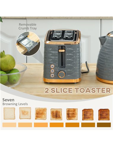 HOMCOM 3000W 1.7L Rapid Boil Kettle & 2 Slice Toaster, Kettle and Toaster Set with 7 Browning Controls and Crumb Tray, Grey