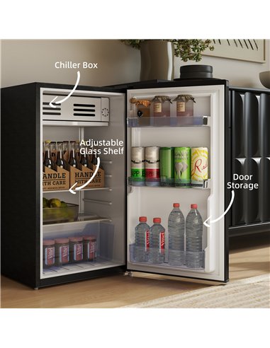 HOMCOM Under Counter Fridge, 85L Small Retro Refrigerator with Chiller Box, Adjustable Thermostat, Glass Shelves, Black
