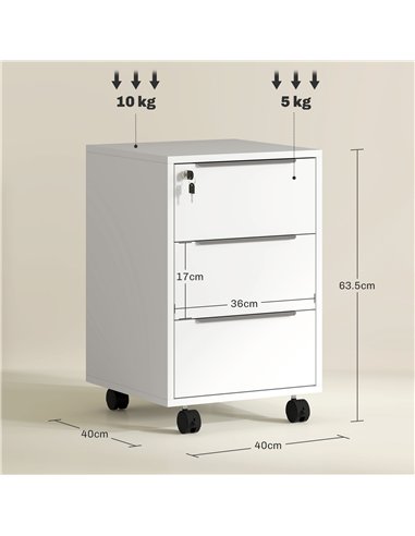 HOMCOM Three-Drawer Locking Filing Cabinet - White