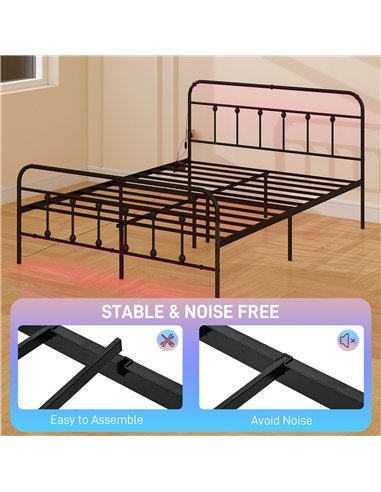 HOMCOM King Bed Frame with LED Lights and Charging Station, Metal Platform Bed Frame with Under Bed Storage, Black