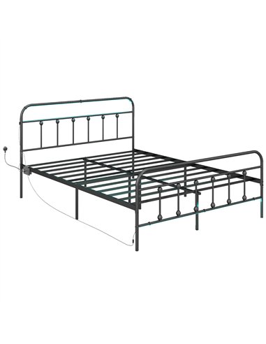 HOMCOM Double Bed Frame with LED Lights and Charging Station, Metal Platform Bed Frame with Under Bed Storage, Black