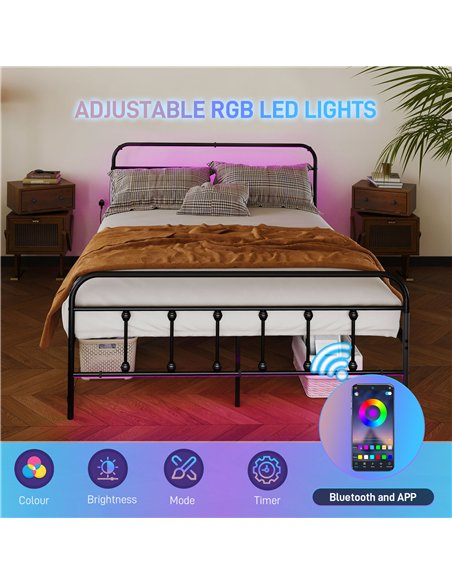 HOMCOM Double Bed Frame with LED Lights and Charging Station, Metal Platform Bed Frame with Under Bed Storage, Black - pic 162708 | FastDaddyshop