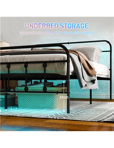 HOMCOM Double Bed Frame with LED Lights and Charging Station, Metal Platform Bed Frame with Under Bed Storage, Black
