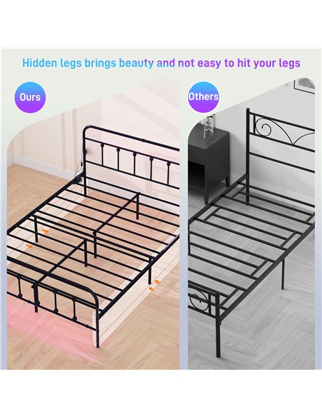HOMCOM Double Bed Frame with LED Lights and Charging Station, Metal Platform Bed Frame with Under Bed Storage, Black - pic 162712 | FastDaddyshop