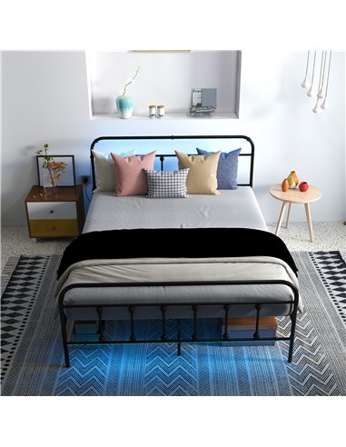 HOMCOM Double Bed Frame with LED Lights and Charging Station, Metal Platform Bed Frame with Under Bed Storage, Black