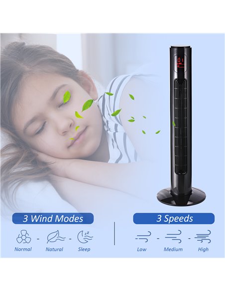 HOMCOM 38'' Freestanding Tower Fan, 3 Speed 3 Mode, 12h Timer, 70 Degree Oscillation, LED Panel, 5M Remote Controller, Black - pic 16272 | FastDaddyshop