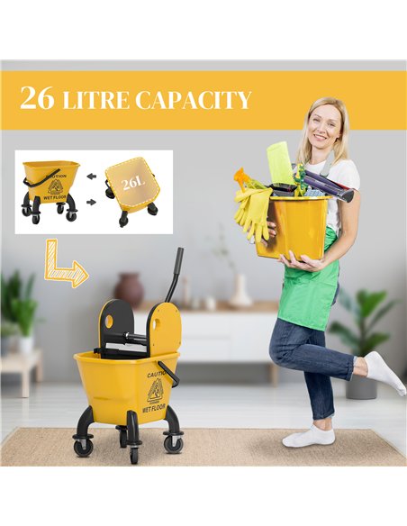 HOMCOM 26 Litre Mop Bucket, with Wringer and Mop - Yellow - pic 162725 | FastDaddyshop