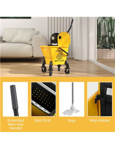 HOMCOM 26 Litre Mop Bucket, with Wringer and Mop - Yellow