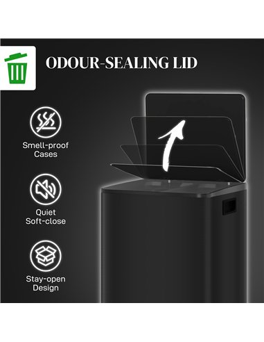 HOMCOM 50L Dual Compartment Stainless Steel Bin, with Deodoriser Holders - Black