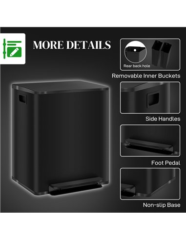 HOMCOM 50L Dual Compartment Stainless Steel Bin, with Deodoriser Holders - Black