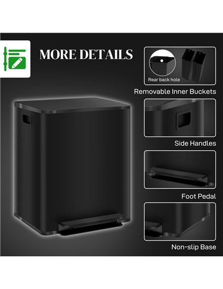 HOMCOM 50L Dual Compartment Stainless Steel Bin, with Deodoriser Holders - Black - pic 162737 | FastDaddyshop