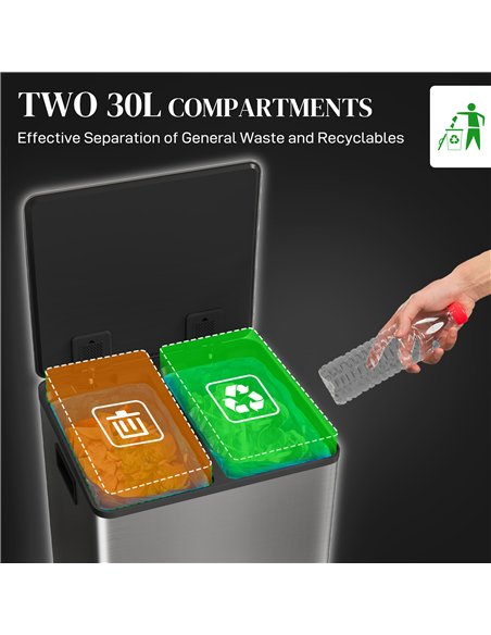 HOMCOM 60L Dual Compartment Stainless Steel Bin, with Deodoriser Holders - Silver Tone - pic 162743 | FastDaddyshop
