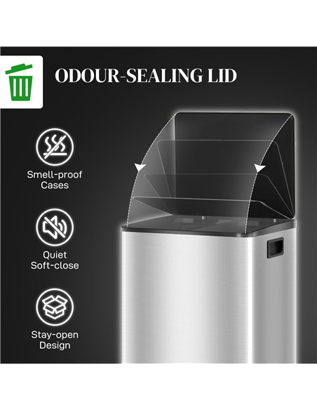 HOMCOM 60L Dual Compartment Stainless Steel Bin, with Deodoriser Holders - Silver Tone - pic 162745 | FastDaddyshop