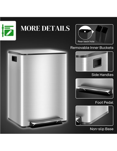 HOMCOM 60L Dual Compartment Stainless Steel Bin, with Deodoriser Holders - Silver Tone