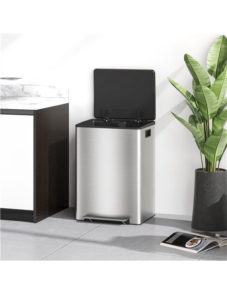 HOMCOM 60L Dual Compartment Stainless Steel Bin, with Deodoriser Holders - Silver Tone - pic 162747 | FastDaddyshop