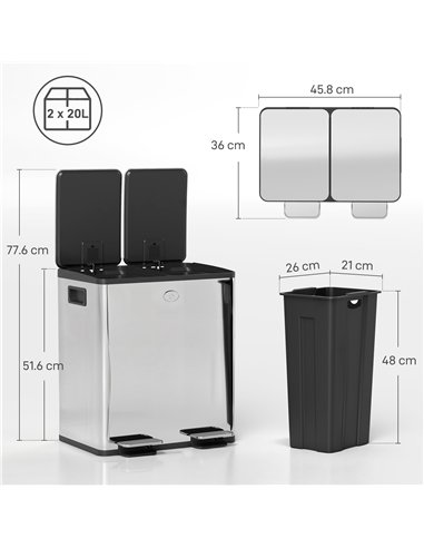 HOMCOM 40L Dual Compartment Stainless Steel Bin, with Deodoriser Holders - Silver Tone