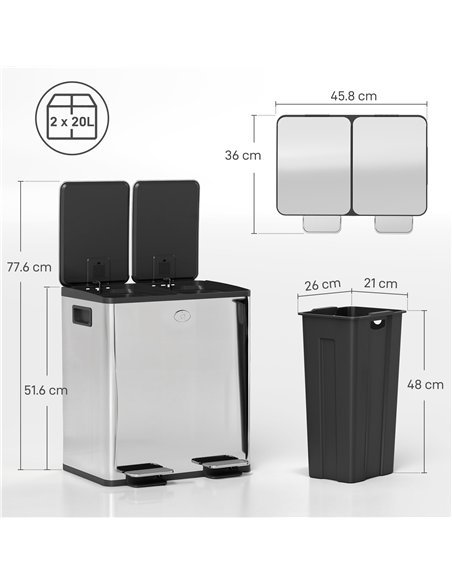 HOMCOM 40L Dual Compartment Stainless Steel Bin, with Deodoriser Holders - Silver Tone - pic 162751 | FastDaddyshop