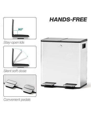HOMCOM 40L Dual Compartment Stainless Steel Bin, with Deodoriser Holders - Silver Tone