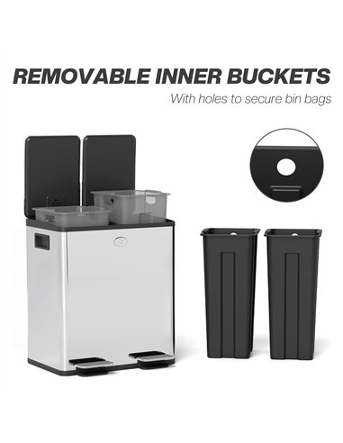 HOMCOM 40L Dual Compartment Stainless Steel Bin, with Deodoriser Holders - Silver Tone