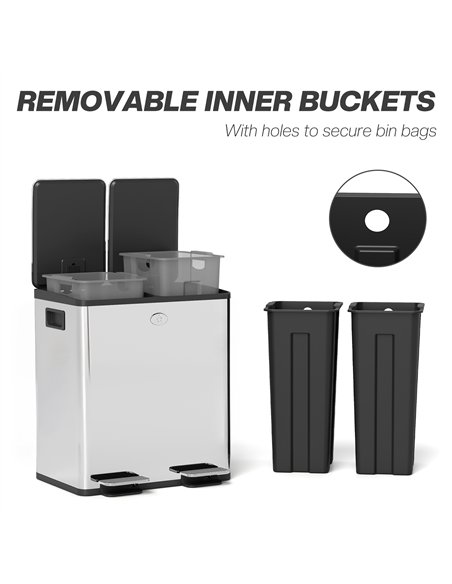 HOMCOM 40L Dual Compartment Stainless Steel Bin, with Deodoriser Holders - Silver Tone - pic 162755 | FastDaddyshop