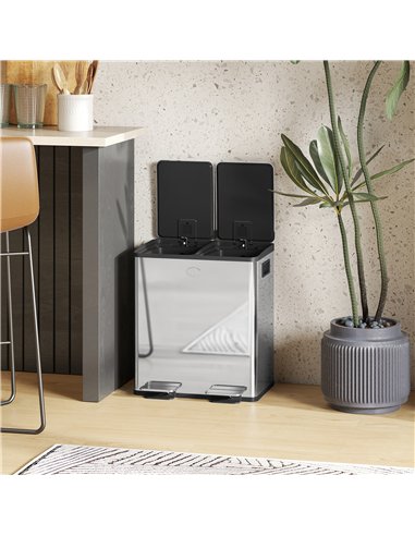 HOMCOM 40L Dual Compartment Stainless Steel Bin, with Deodoriser Holders - Silver Tone
