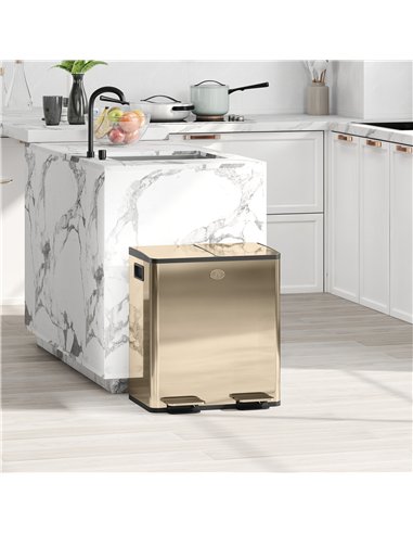 HOMCOM 40L Dual Compartment Stainless Steel Bin, with Deodoriser Holders - Gold Tone