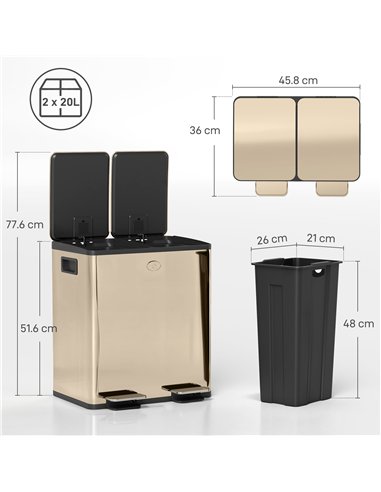 HOMCOM 40L Dual Compartment Stainless Steel Bin, with Deodoriser Holders - Gold Tone