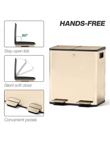 HOMCOM 40L Dual Compartment Stainless Steel Bin, with Deodoriser Holders - Gold Tone