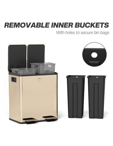 HOMCOM 40L Dual Compartment Stainless Steel Bin, with Deodoriser Holders - Gold Tone