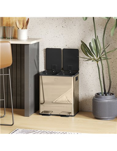 HOMCOM 40L Dual Compartment Stainless Steel Bin, with Deodoriser Holders - Gold Tone