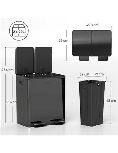 HOMCOM 40L Dual Compartment Stainless Steel Bin, with Deodoriser Holders - Glossy Black