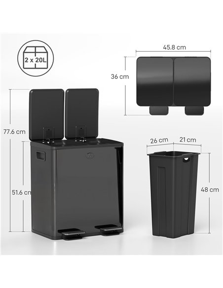 HOMCOM 40L Dual Compartment Stainless Steel Bin, with Deodoriser Holders - Glossy Black - pic 162769 | FastDaddyshop