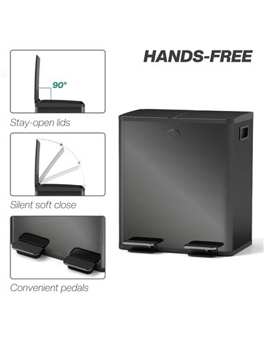 HOMCOM 40L Dual Compartment Stainless Steel Bin, with Deodoriser Holders - Glossy Black