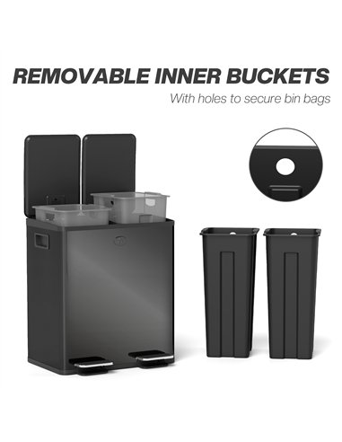 HOMCOM 40L Dual Compartment Stainless Steel Bin, with Deodoriser Holders - Glossy Black