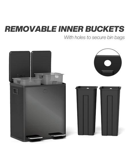 HOMCOM 40L Dual Compartment Stainless Steel Bin, with Deodoriser Holders - Glossy Black - pic 162773 | FastDaddyshop