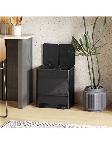 HOMCOM 40L Dual Compartment Stainless Steel Bin, with Deodoriser Holders - Glossy Black